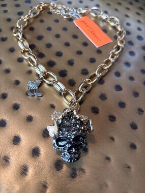 Betsey Johnson Gold-Tone Chain Necklace with Black Crystal Skull Charm